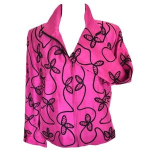 Anage Vintage 100% Silk Beaded Embroidered Pink Black Zip Up Jacket Women’s